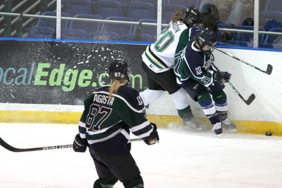 Ethan Magoc photo: Mercyhurst College senior Vicki Bendus and Wayne State's Alyssa Baldin battle for the puck during the first period on Saturday, Feb. 5, 2011, at the Mercyhurst Ice Center.